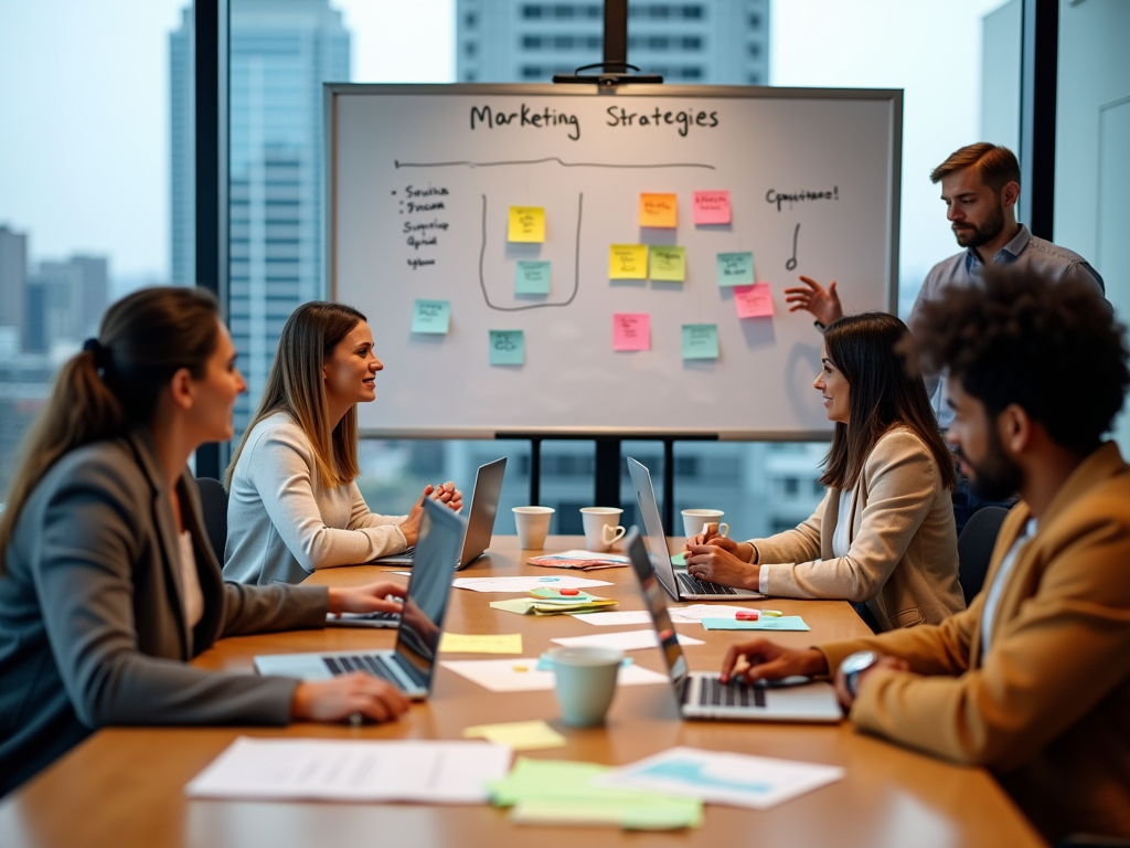 Team discusses marketing strategies around a whiteboard with colorful sticky notes in a modern office.