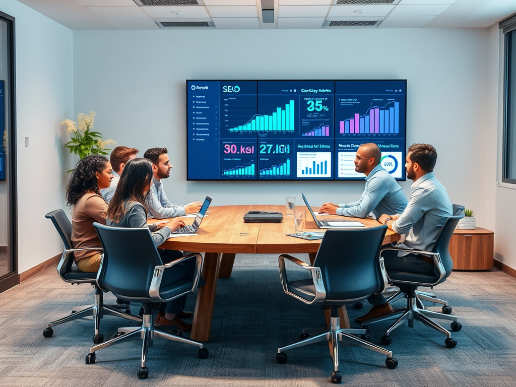 A team meeting in a modern conference room with data charts displayed on a screen, discussing strategies.