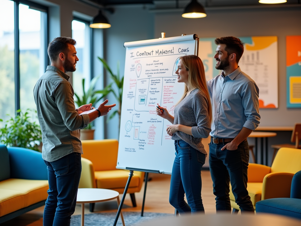 Three professionals discussing a content marketing strategy in a modern office space.