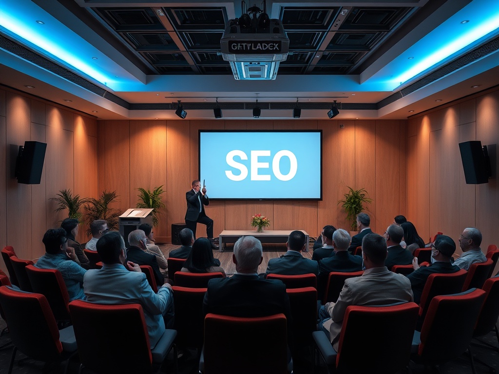 A presenter discusses SEO in a modern conference room, with an audience seated and listening attentively.