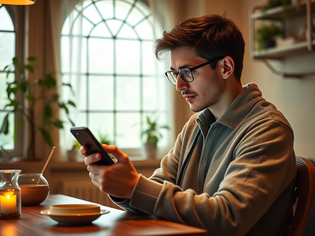 A young man in glasses sits at a table, looking intently at his smartphone. A candle and bowl are nearby.