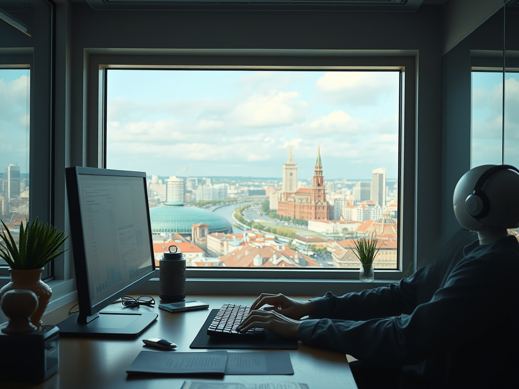 A person works at a desk with a computer, headset, and a city skyline visible through a large window.