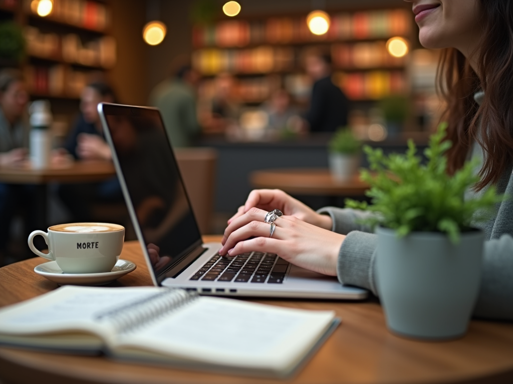 Woman typing on laptop in a cozy café, coffee cup with 'MORFE' label and notebook on table.