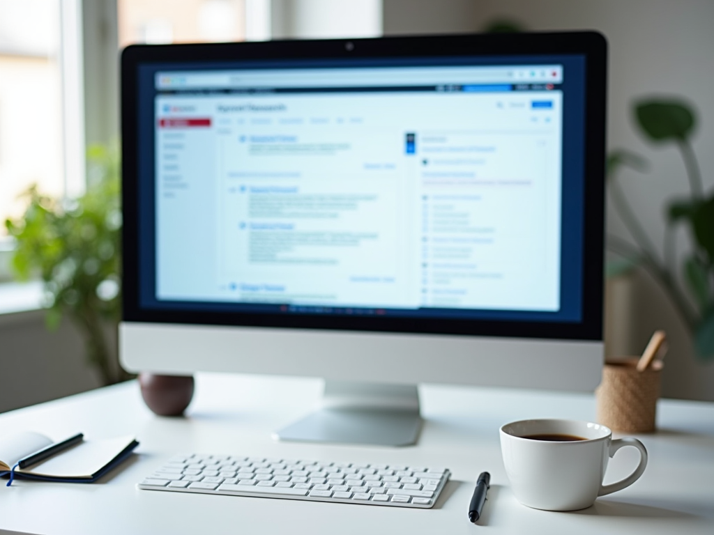 Desktop with an out of focus screen displaying a web page, a cup of coffee and a notepad on the table.