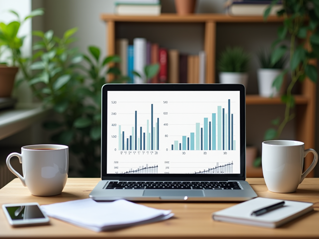 Laptop on desk displaying bar graph chart, flanked by two coffee cups, with office plants in the background.