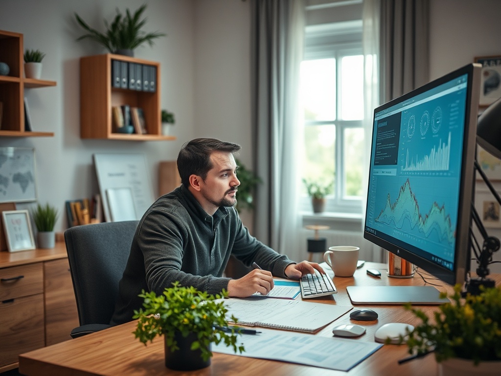 A man analyzes data on a large monitor in a modern office, surrounded by plants and organized workspace.