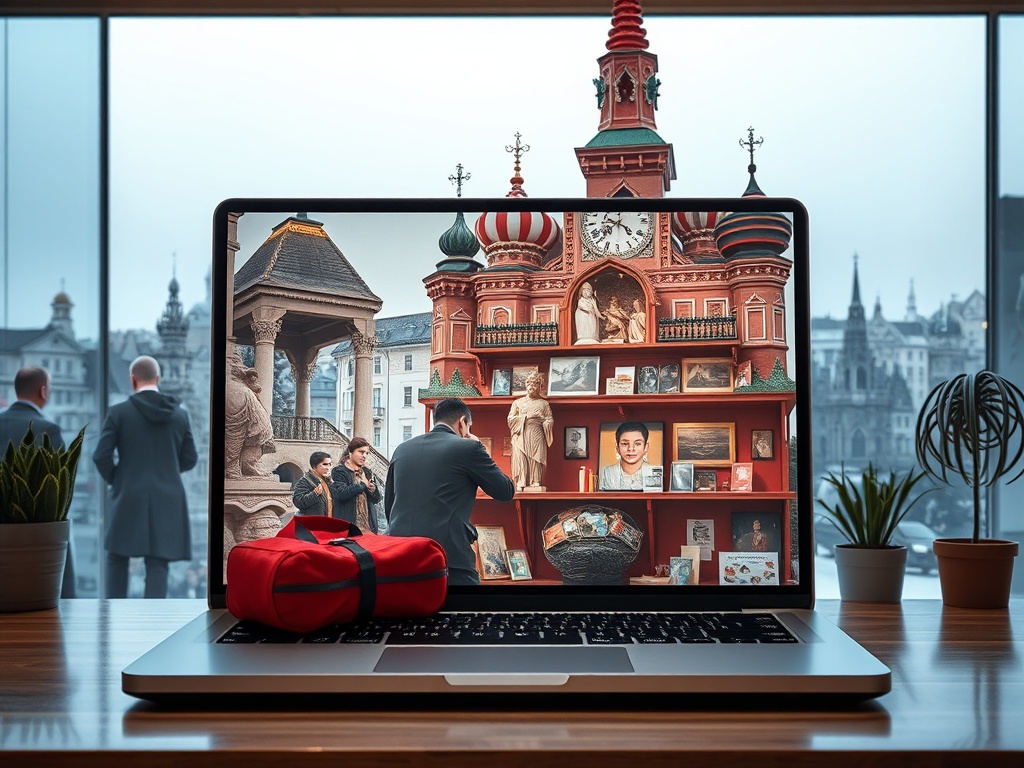 A laptop displays intricate shelves with art and photographs, against a city view through large windows.