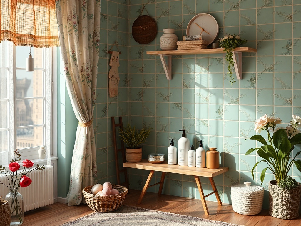 A cozy corner with a blue-tiled wall, wooden shelf, plants, and decorative items in a sunlit room.