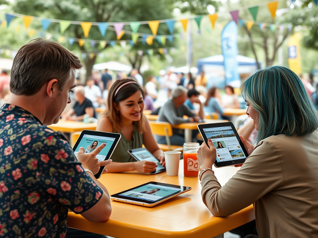 A diverse group of people sits at a table outdoors, using tablets and enjoying drinks at a lively event.