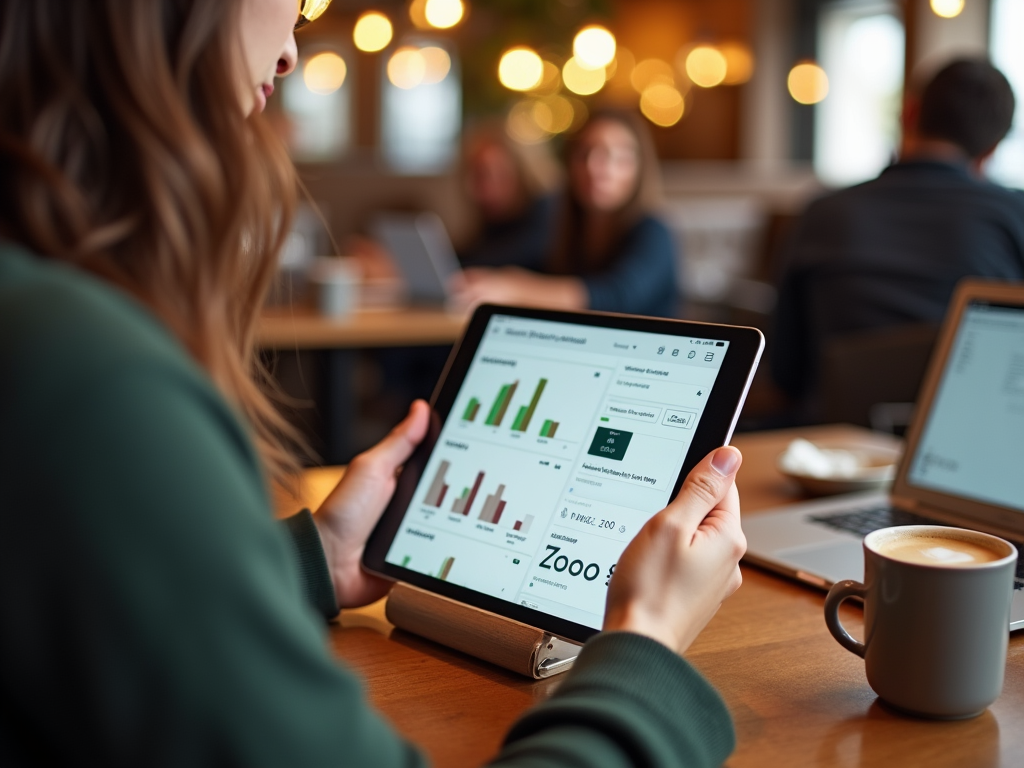 Woman in cafe viewing financial charts on tablet, with coffee cup and laptops in background.