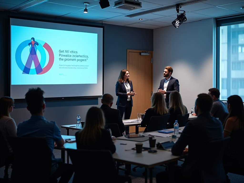 Business presentation in a conference room with attendees watching a slide about AI ethics.