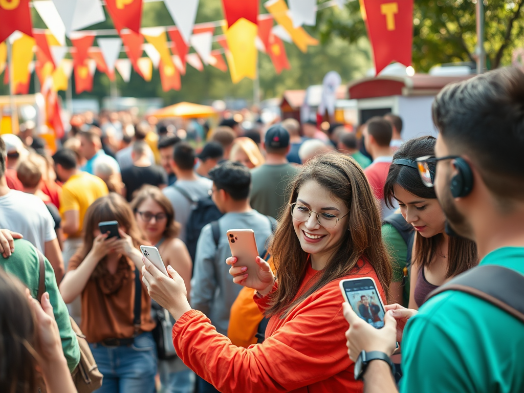 A lively crowd at an outdoor event, with people using their phones, enjoying the festivities and taking photos.