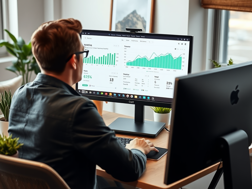 A person sitting at a desk, analyzing data on a monitor displaying graphs and statistics, with plants nearby.