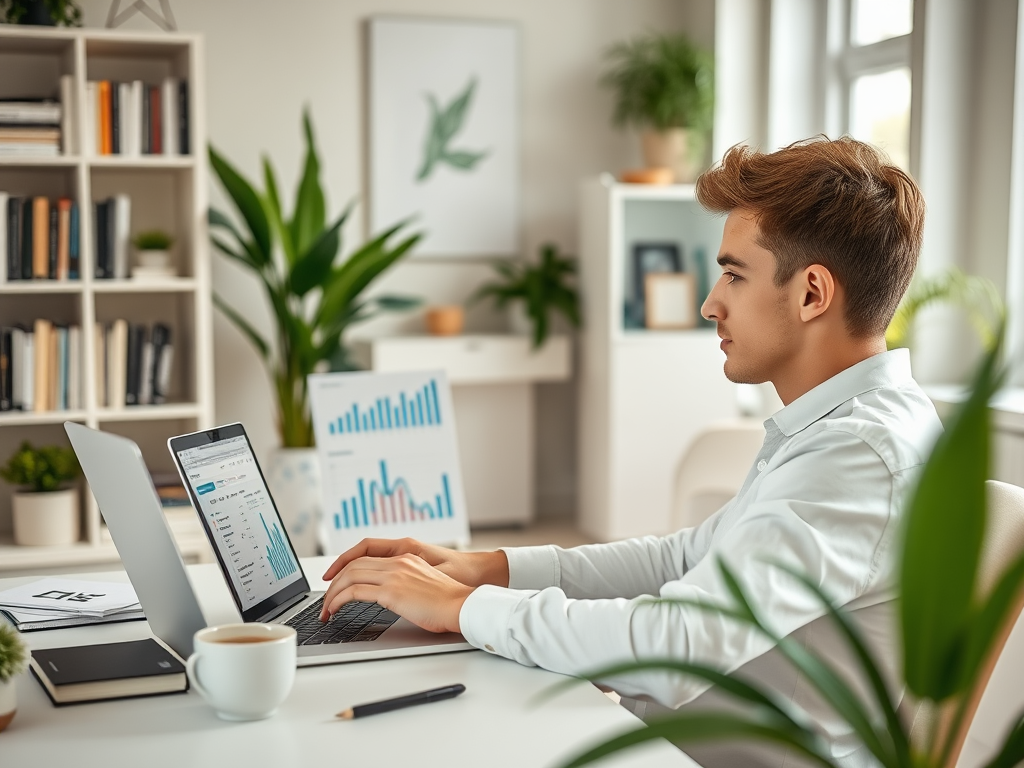 A young man working on a laptop in a bright, modern office, surrounded by plants and files.