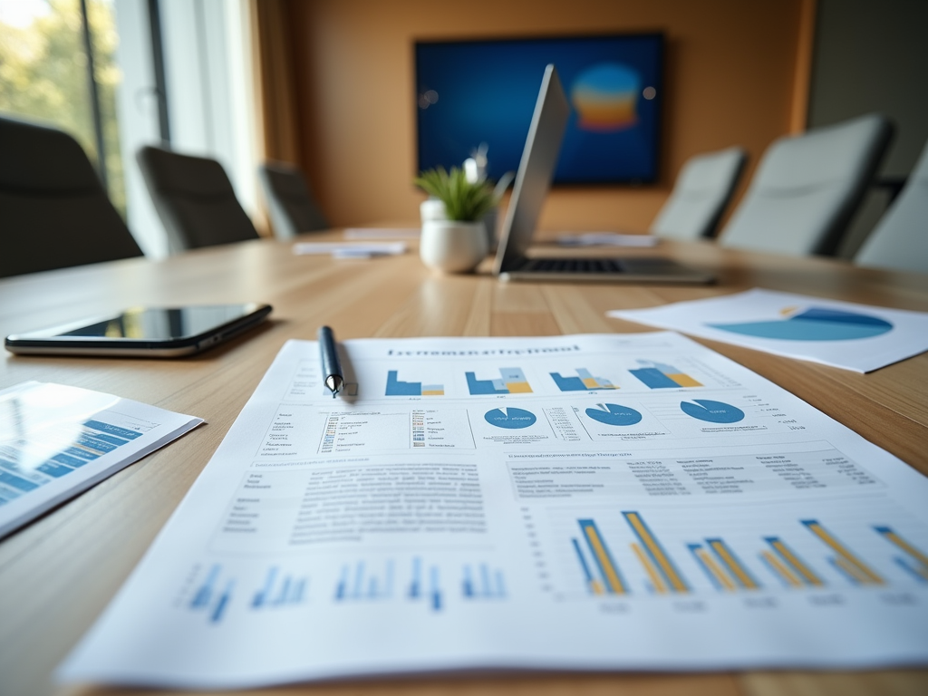 A conference table with reports, a laptop, smartphone, and a large screen displaying graphs in a modern office.