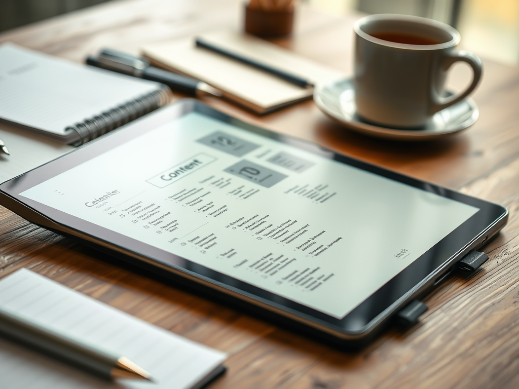 A tablet displaying content lists on a desk with a cup of tea, notebook, and pens nearby.