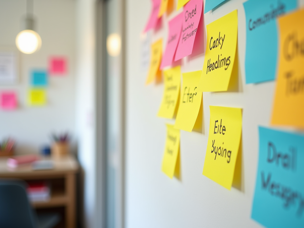 Colorful sticky notes with various phrases are displayed on a white wall in a bright office space.