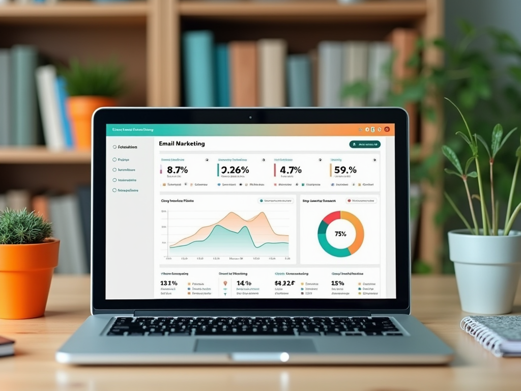 Laptop screen showing colorful email marketing analytics dashboard on a desk with plants.