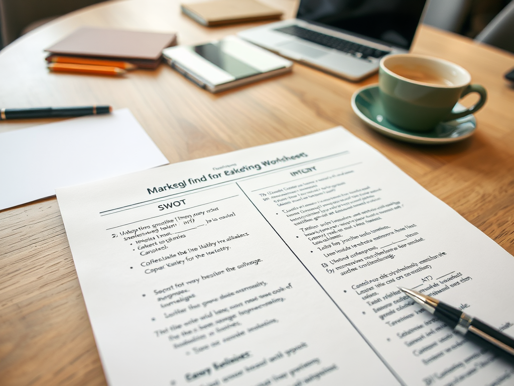 A business worksheet titled "Marketing Plan" with SWOT and Insight sections, placed on a wooden table with a pen and coffee.