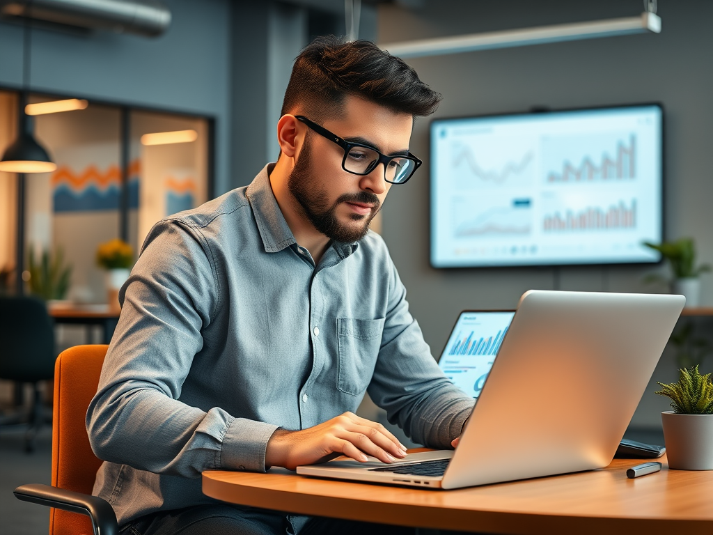 A man in glasses works on a laptop, focusing on data analysis in a modern office environment.