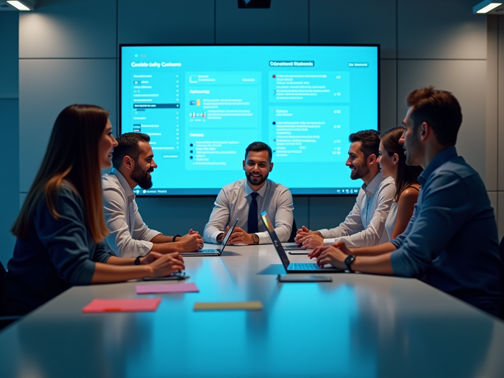 Group of business professionals in a meeting discussing data on a screen in a modern conference room.