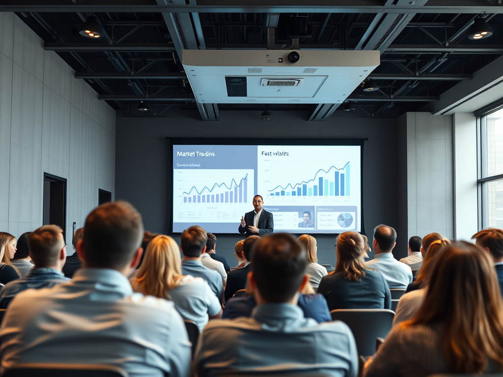 A speaker presents data charts to an audience in a modern conference room.