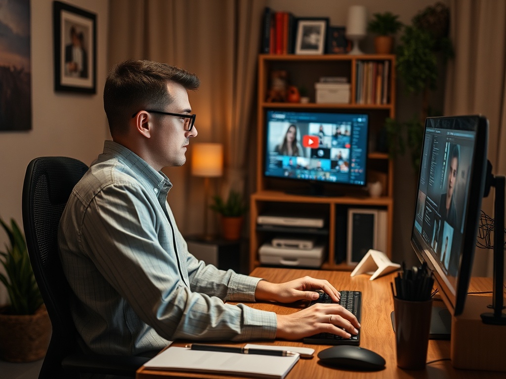 A person in a shirt sits at a desk using a computer, participating in a video call with multiple screens visible.