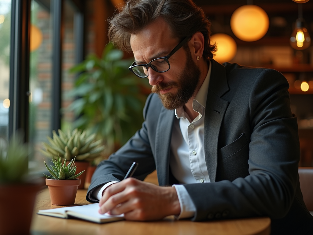 A man in a suit writes in a notebook at a café, surrounded by plants and warm ambient lighting.