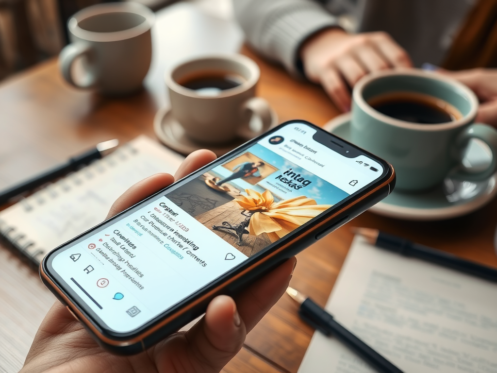 A hand holding a smartphone displaying a social media post, with coffee cups and a notebook in the background.