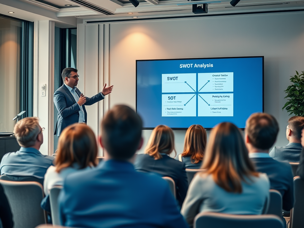A speaker presents a SWOT analysis to an audience in a modern conference room.