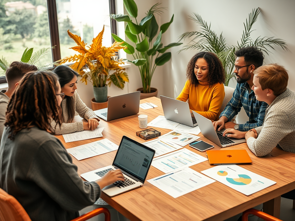 A diverse group of six people collaborates around a table with laptops, notebooks, and plants in a bright workspace.