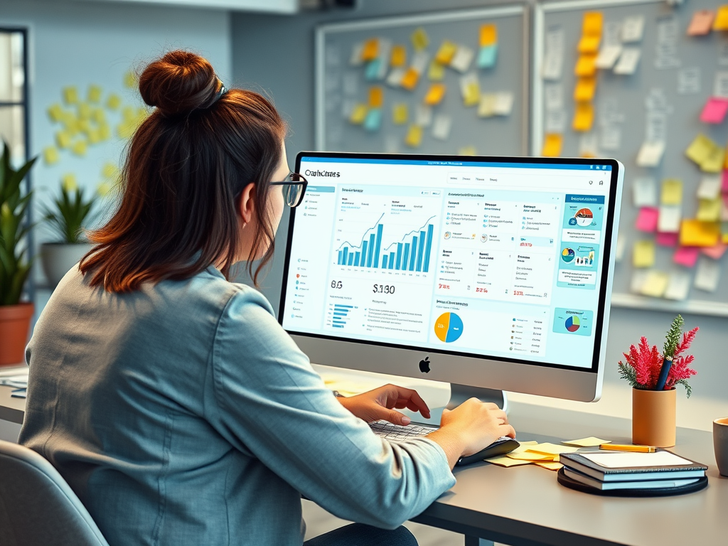 A woman works on a computer displaying data charts in a modern office with sticky notes in the background.
