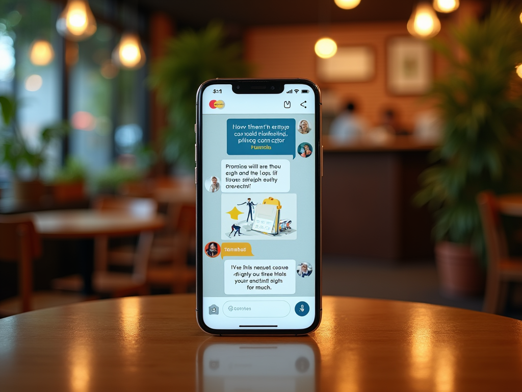 Smartphone displaying a chat conversation in a cozy café setting.