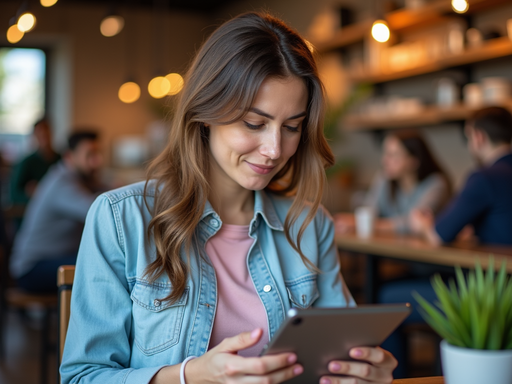 A young woman in a denim jacket smiles while using a tablet in a cozy cafe with people in the background.