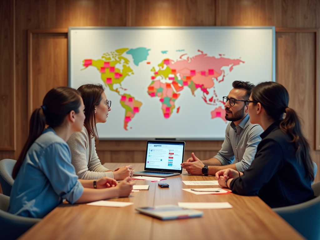 Professionals discussing in a meeting room with a world map on the screen behind them.