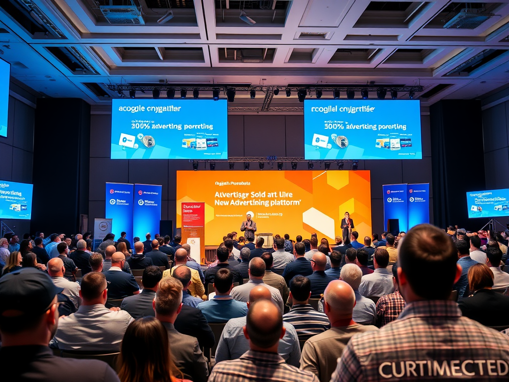 A conference scene with attendees facing the stage, featuring presentations about a new advertising platform.