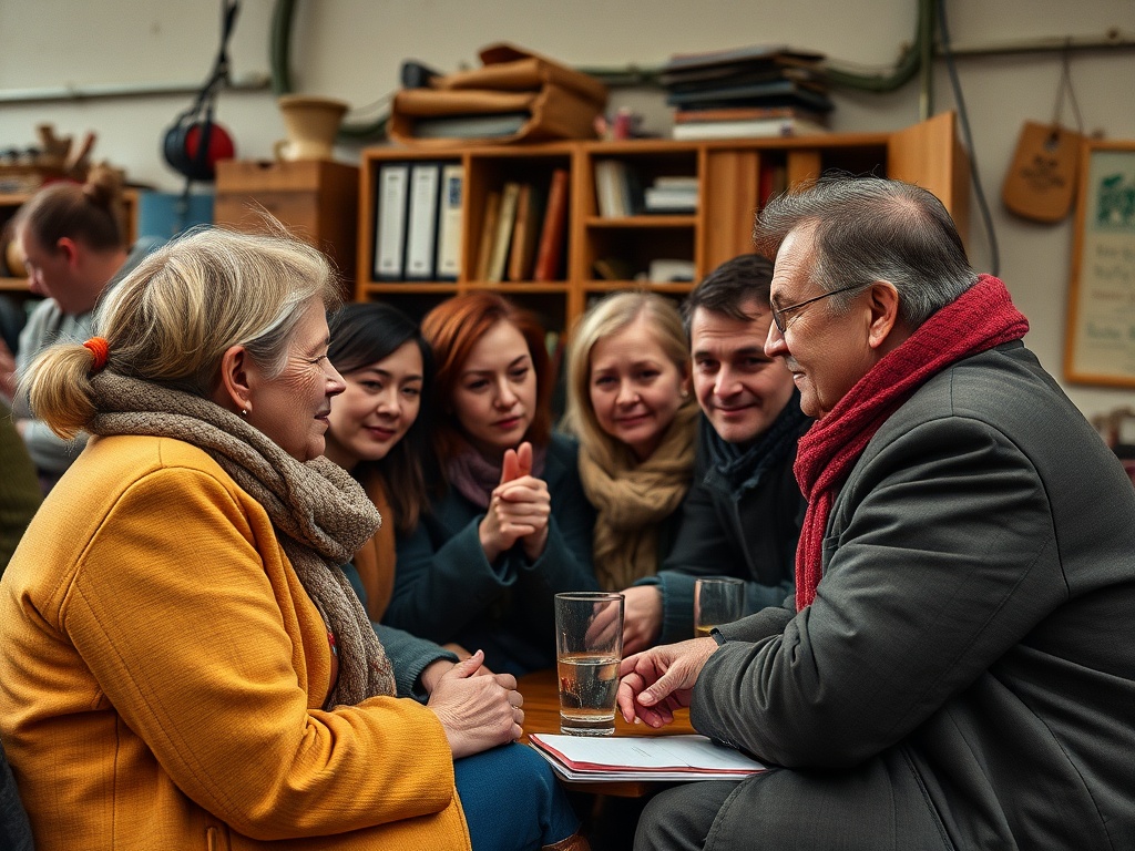 A group of six people engaged in a lively discussion at a table in a cozy indoor setting.