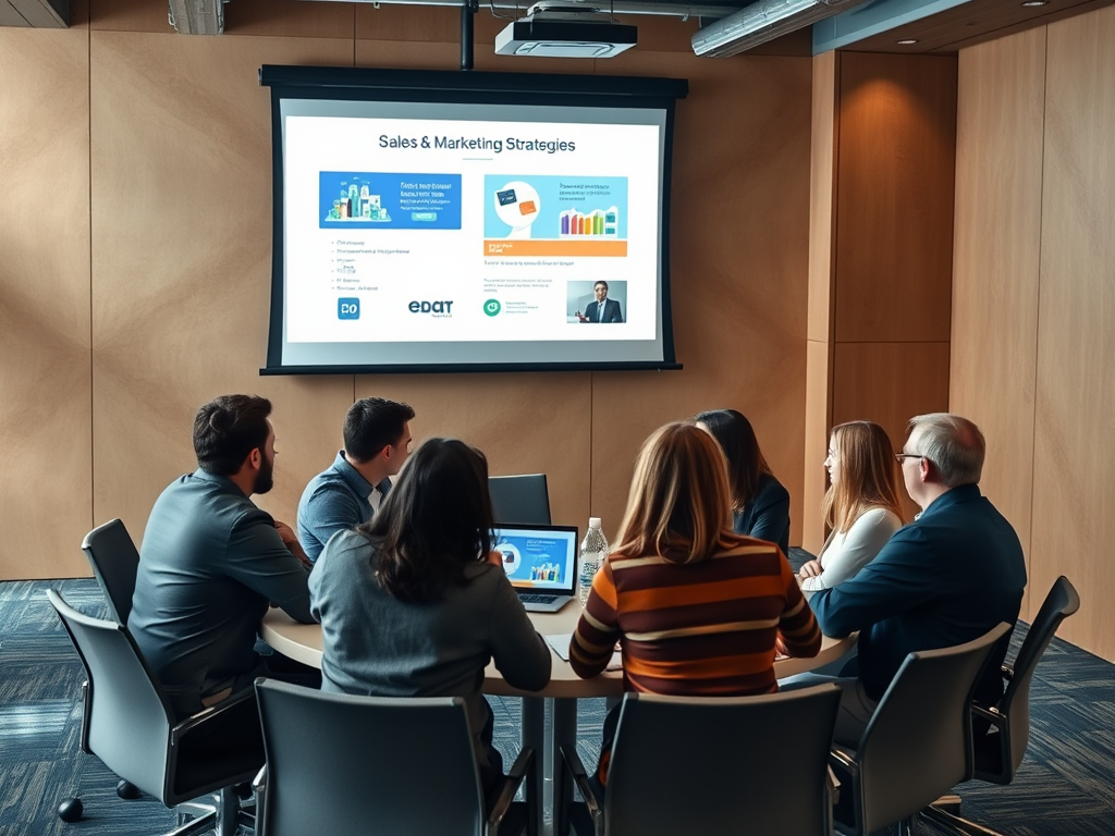 A group of professionals in a meeting room, discussing sales and marketing strategies with a presentation on a screen.