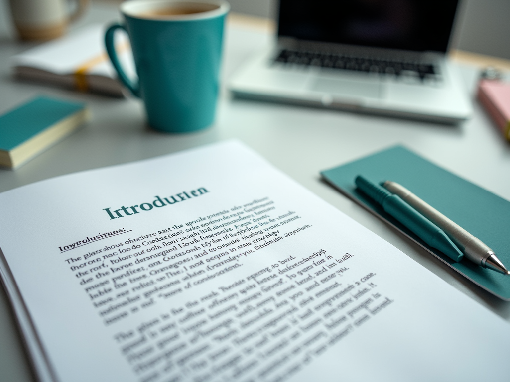 A document titled "Introductions" with a cup, a pen, and a laptop in a workspace setting.