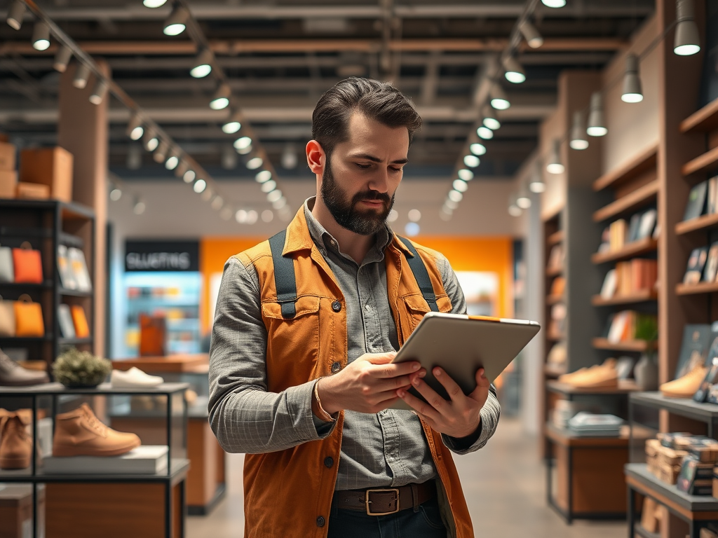 A young man in an orange vest examines a tablet while standing in a modern retail store filled with products.