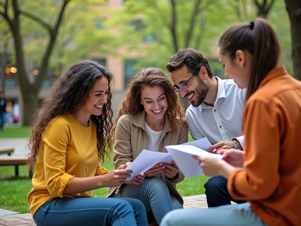 Four young adults sit outdoors, joyfully discussing and looking at documents together in a green park setting.