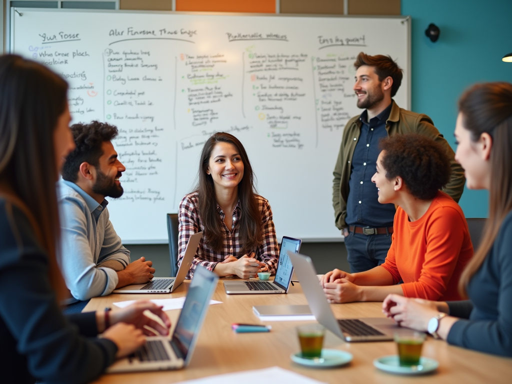 Diverse group of professionals engaging in a meeting around a table with a whiteboard full of ideas.