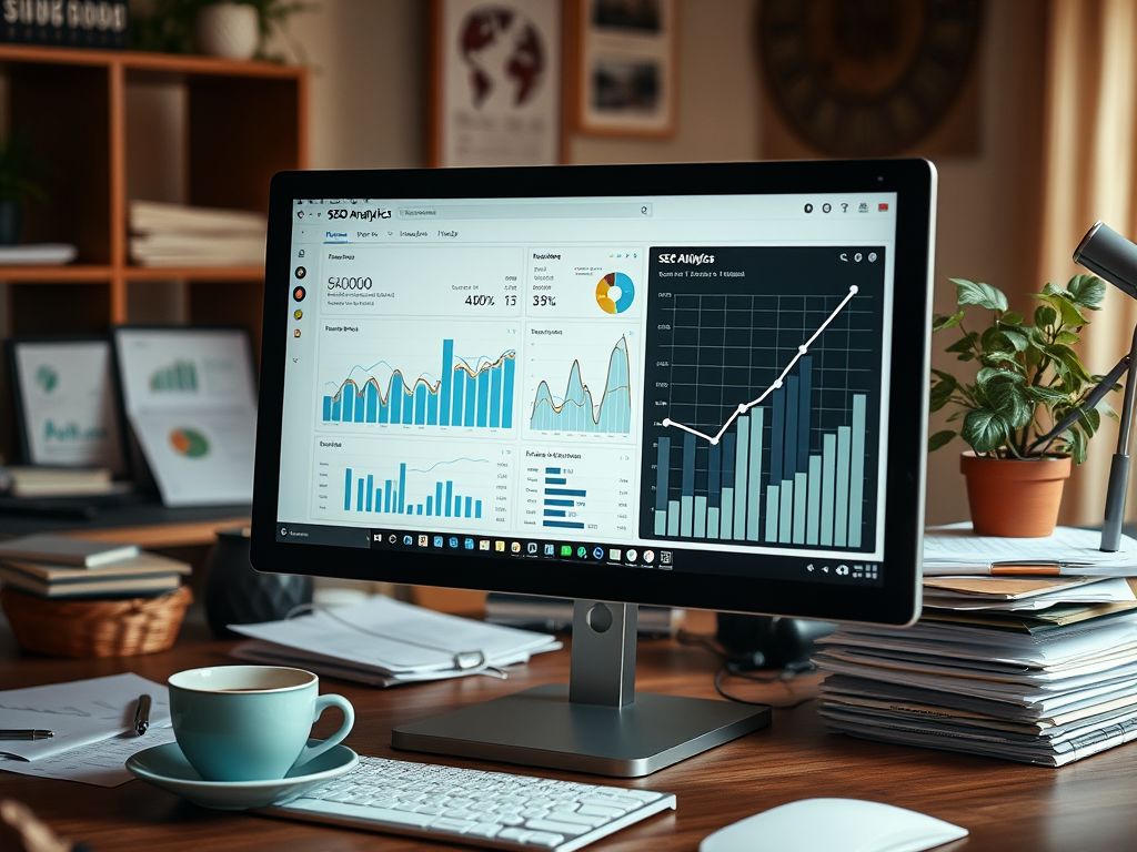 A computer displaying SEO analytics charts and graphs, with a cup of coffee and a plant on the desk.