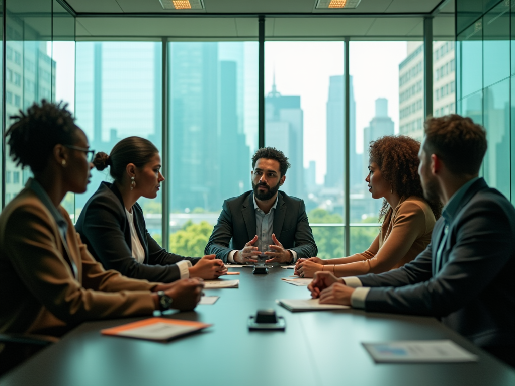 Five professionals discussing at a conference table in a modern office with city skyline backdrop.