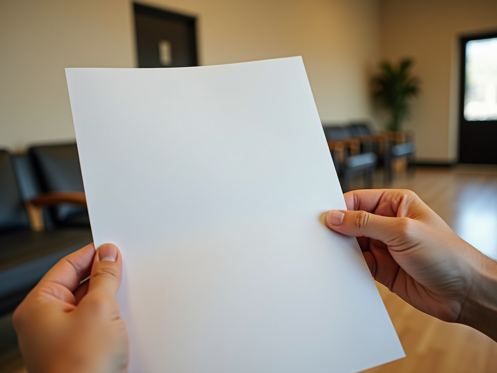 A person holds a blank sheet of paper in a waiting room with chairs in the background and a door visible.