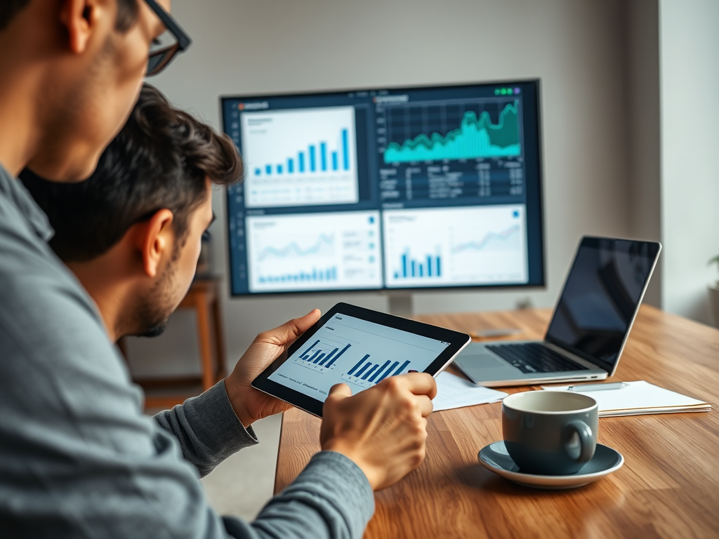 Two individuals analyze graphs on a tablet, with financial data displayed on a large monitor in a modern workspace.