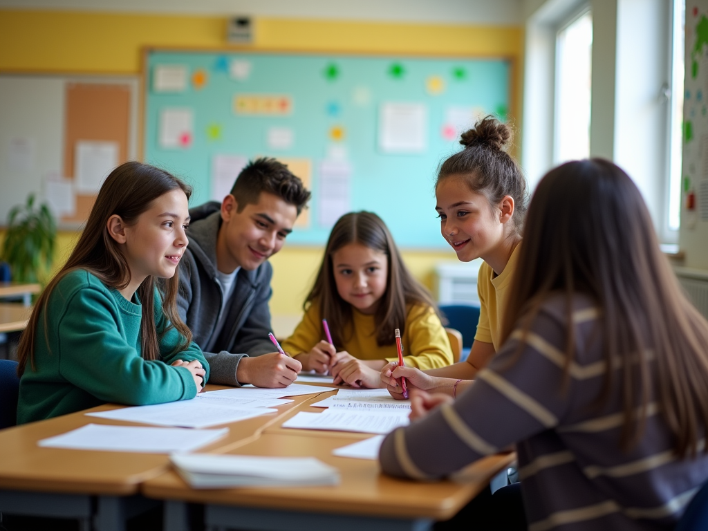 A group of five students collaborates at a table, writing and discussing in a bright classroom.