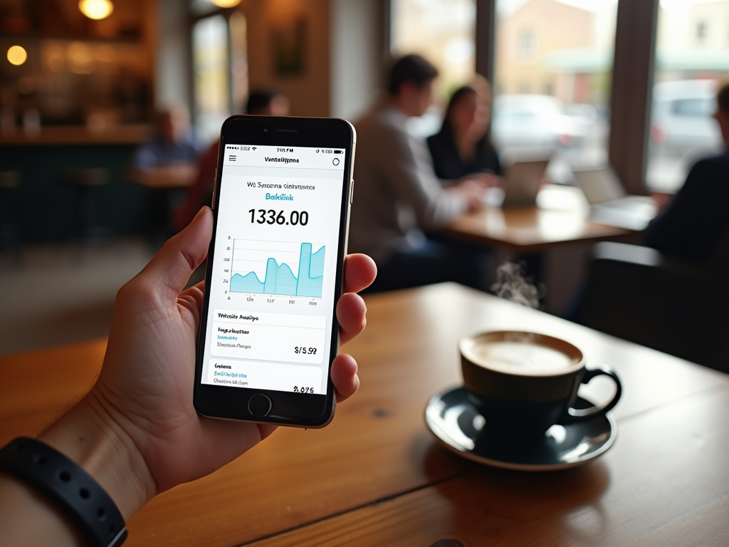 Hand holding a smartphone displaying analytics data, with a coffee cup and people in background at a café.