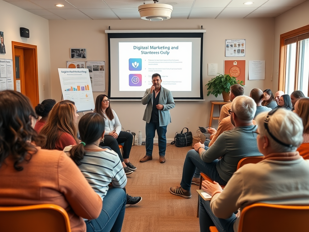 A group workshop on digital marketing, with a speaker presenting to an engaged audience in a cozy room.