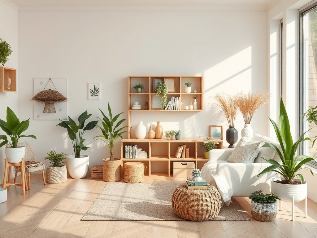 A bright, airy room with plants, a cozy sofa, wooden shelves, and natural decor, creating a serene atmosphere.
